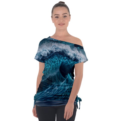 Tsunami Waves Ocean Sea Water Rough Seas Off Shoulder Tie-up Tee by uniart180623