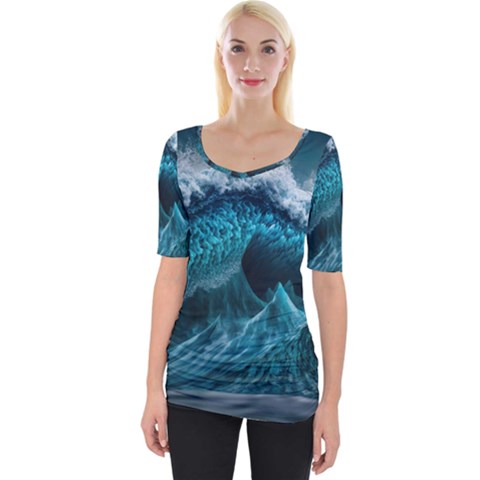 Tsunami Waves Ocean Sea Water Rough Seas Wide Neckline Tee by uniart180623