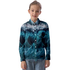 Tsunami Waves Ocean Sea Water Rough Seas Kids  Long Sleeve Shirt by uniart180623