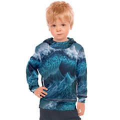 Tsunami Waves Ocean Sea Water Rough Seas Kids  Hooded Pullover by uniart180623