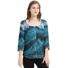 Tsunami Waves Ocean Sea Water Rough Seas Chiffon Quarter Sleeve Blouse by uniart180623