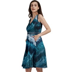 Tsunami Waves Ocean Sea Water Rough Seas Sleeveless V-neck Skater Dress With Pockets