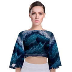 Tsunami Waves Ocean Sea Water Rough Seas Tie Back Butterfly Sleeve Chiffon Top by uniart180623