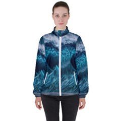 Tsunami Waves Ocean Sea Water Rough Seas Women s High Neck Windbreaker by uniart180623