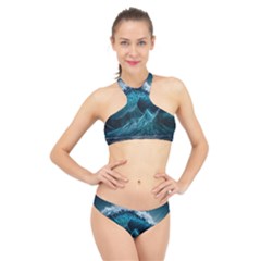 Tsunami Waves Ocean Sea Water Rough Seas High Neck Bikini Set by uniart180623