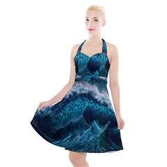 Tsunami Waves Ocean Sea Water Rough Seas Halter Party Swing Dress  by uniart180623