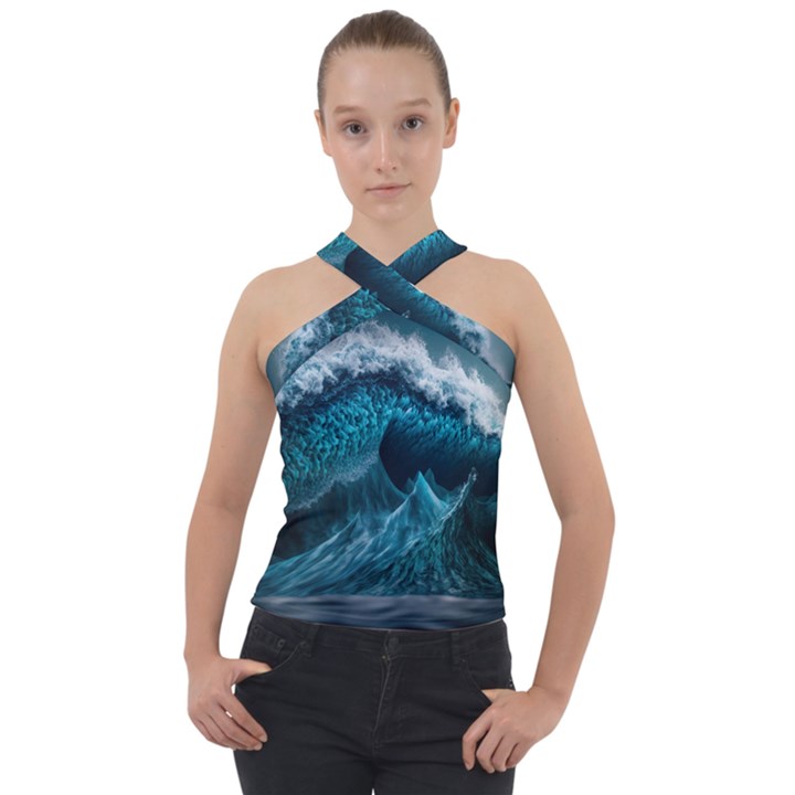 Tsunami Waves Ocean Sea Water Rough Seas Cross Neck Velour Top