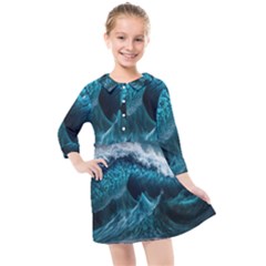 Tsunami Waves Ocean Sea Water Rough Seas Kids  Quarter Sleeve Shirt Dress by uniart180623