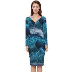 Tsunami Waves Ocean Sea Water Rough Seas Long Sleeve V-neck Bodycon Dress  by uniart180623