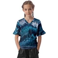 Tsunami Waves Ocean Sea Water Rough Seas Kids  V-neck Horn Sleeve Blouse by uniart180623