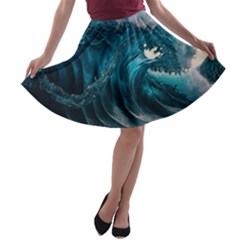 Tsunami Waves Ocean Sea Water Rough Seas A-line Skater Skirt by uniart180623