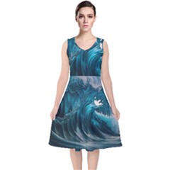 Tsunami Waves Ocean Sea Water Rough Seas V-neck Midi Sleeveless Dress  by uniart180623