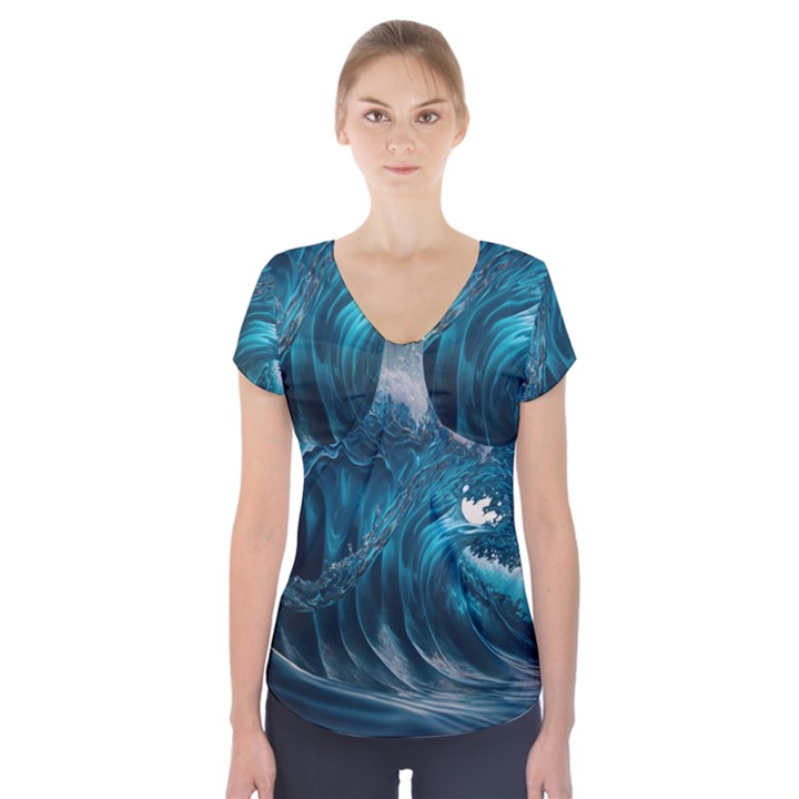 Tsunami Waves Ocean Sea Water Rough Seas Short Sleeve Front Detail Top