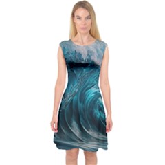 Tsunami Waves Ocean Sea Water Rough Seas Capsleeve Midi Dress by uniart180623