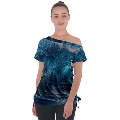 Tsunami Waves Ocean Sea Water Rough Seas Off Shoulder Tie-up Tee by uniart180623