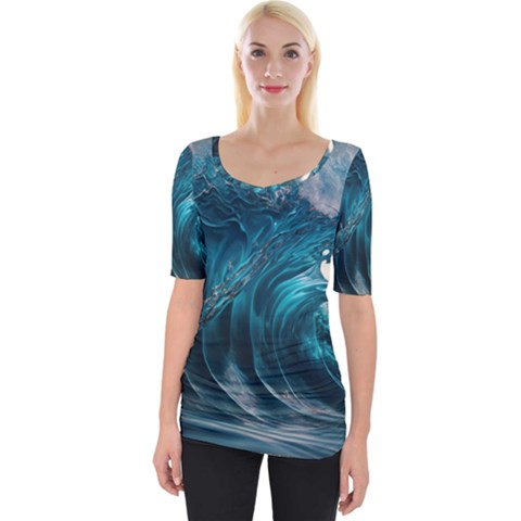 Tsunami Waves Ocean Sea Water Rough Seas Wide Neckline Tee by uniart180623