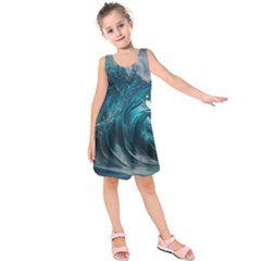 Tsunami Waves Ocean Sea Water Rough Seas Kids  Sleeveless Dress by uniart180623