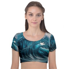 Tsunami Waves Ocean Sea Water Rough Seas Velvet Short Sleeve Crop Top  by uniart180623