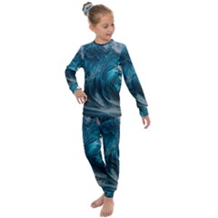 Tsunami Waves Ocean Sea Water Rough Seas Kids  Long Sleeve Set  by uniart180623