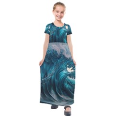 Tsunami Waves Ocean Sea Water Rough Seas Kids  Short Sleeve Maxi Dress by uniart180623