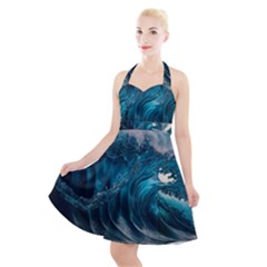 Tsunami Waves Ocean Sea Water Rough Seas Halter Party Swing Dress  by uniart180623