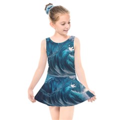 Tsunami Waves Ocean Sea Water Rough Seas Kids  Skater Dress Swimsuit by uniart180623