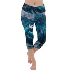 Tsunami Waves Ocean Sea Water Rough Seas Lightweight Velour Capri Yoga Leggings by uniart180623