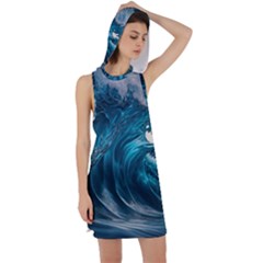 Tsunami Waves Ocean Sea Water Rough Seas Racer Back Hoodie Dress by uniart180623