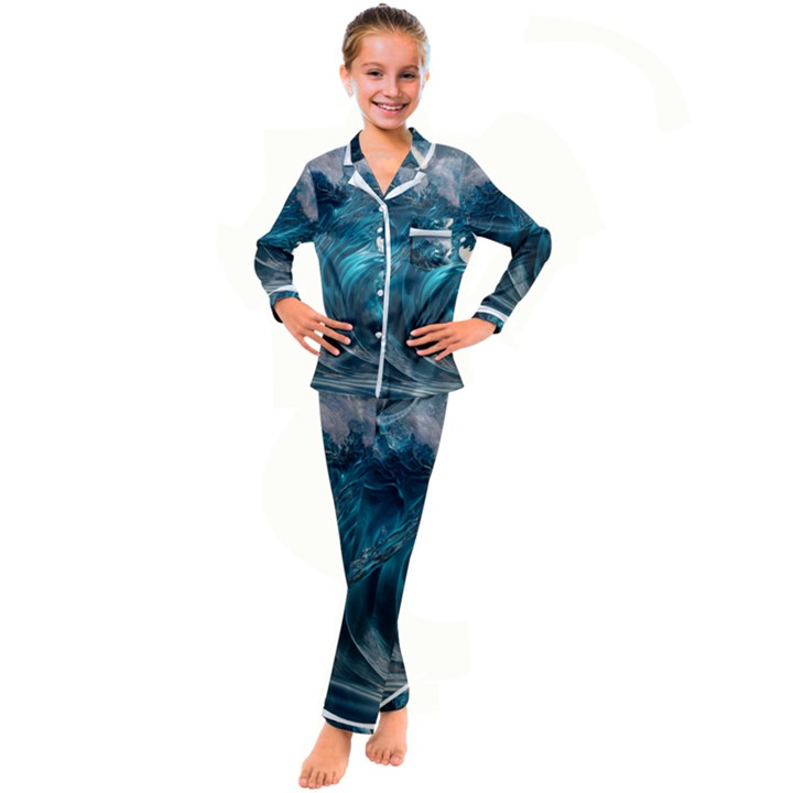 Tsunami Waves Ocean Sea Water Rough Seas Kids  Satin Long Sleeve Pajamas Set