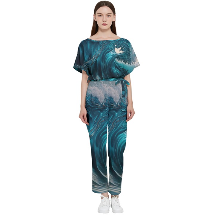 Tsunami Waves Ocean Sea Water Rough Seas Batwing Lightweight Chiffon Jumpsuit