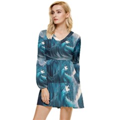 Tsunami Waves Ocean Sea Water Rough Seas Tiered Long Sleeve Mini Dress by uniart180623