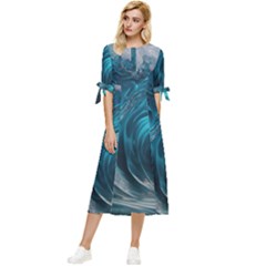 Tsunami Waves Ocean Sea Water Rough Seas Bow Sleeve Chiffon Midi Dress by uniart180623