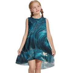 Tsunami Waves Ocean Sea Water Rough Seas Kids  Frill Swing Dress by uniart180623