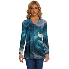 Tsunami Waves Ocean Sea Water Rough Seas Long Sleeve Drawstring Hooded Top by uniart180623