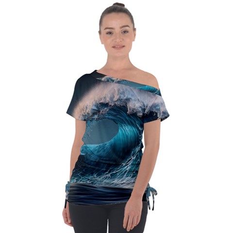 Tsunami Waves Ocean Sea Water Rough Seas Off Shoulder Tie-up Tee by uniart180623