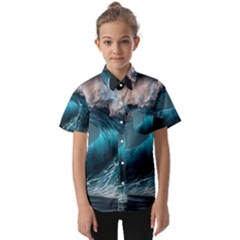 Tsunami Waves Ocean Sea Water Rough Seas Kids  Short Sleeve Shirt by uniart180623