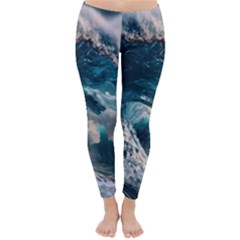 Tsunami Waves Ocean Sea Water Rough Seas Classic Winter Leggings by uniart180623