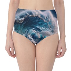 Tsunami Waves Ocean Sea Water Rough Seas Classic High-waist Bikini Bottoms by uniart180623