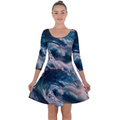 Tsunami Waves Ocean Sea Water Rough Seas Quarter Sleeve Skater Dress by uniart180623