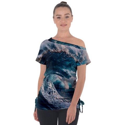 Tsunami Waves Ocean Sea Water Rough Seas Off Shoulder Tie-up Tee by uniart180623