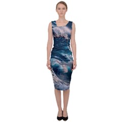 Tsunami Waves Ocean Sea Water Rough Seas Sleeveless Pencil Dress by uniart180623