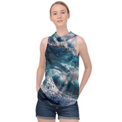 Tsunami Waves Ocean Sea Water Rough Seas High Neck Satin Top by uniart180623