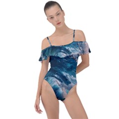 Tsunami Waves Ocean Sea Water Rough Seas Frill Detail One Piece Swimsuit