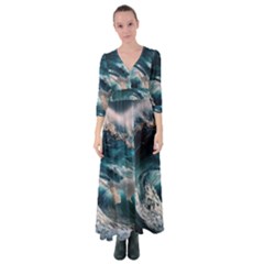 Tsunami Waves Ocean Sea Water Rough Seas Button Up Maxi Dress by uniart180623