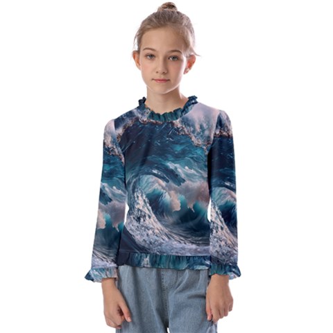 Tsunami Waves Ocean Sea Water Rough Seas Kids  Frill Detail Tee by uniart180623