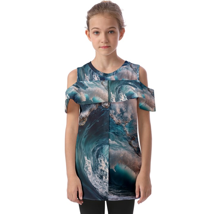 Tsunami Waves Ocean Sea Water Rough Seas Fold Over Open Sleeve Top