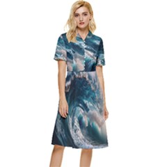 Tsunami Waves Ocean Sea Water Rough Seas Button Top Knee Length Dress by uniart180623