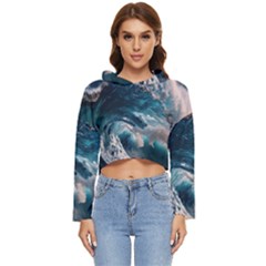 Tsunami Waves Ocean Sea Water Rough Seas Women s Lightweight Cropped Hoodie by uniart180623