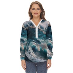 Tsunami Waves Ocean Sea Water Rough Seas Zip Up Long Sleeve Blouse