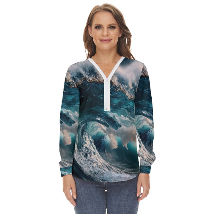 Tsunami Waves Ocean Sea Water Rough Seas Zip Up Long Sleeve Blouse